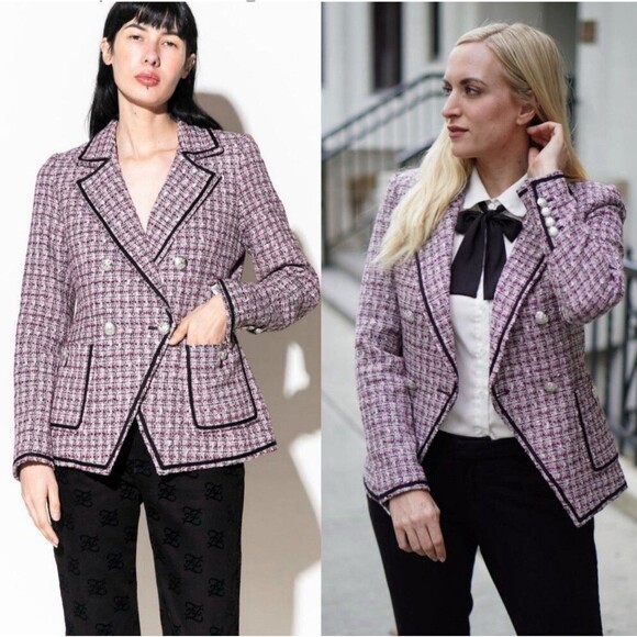 Jackets & Blazers - Veronica Beard Size 10 Double Breasted Theron Tweed Blazer Jacket Purple Pink
